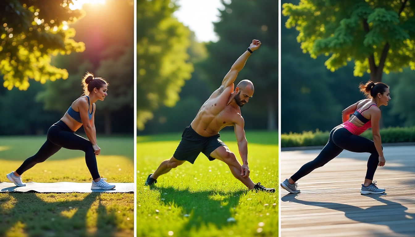 Outdoor collage a fit woman performing core exercises with natural lightenung