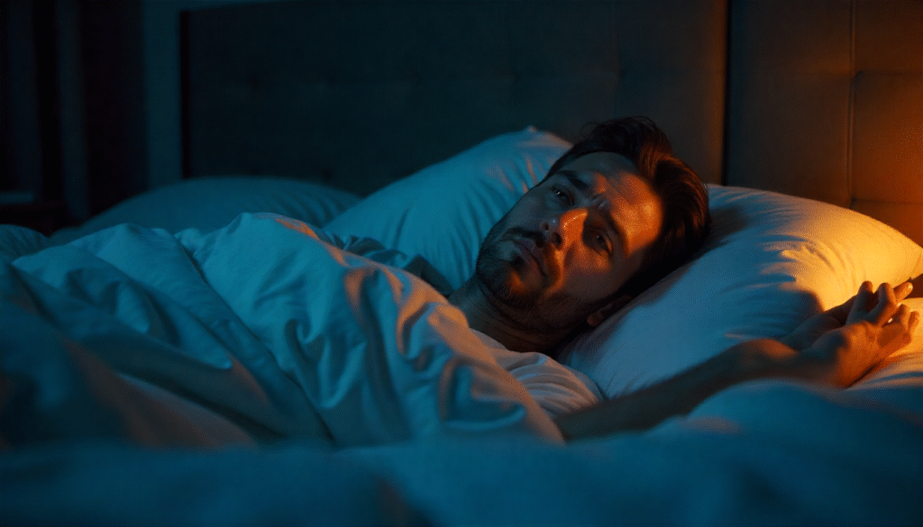 stressed man struggling to fall asleep fast due to anxiety and sidtractions with WiserHealth