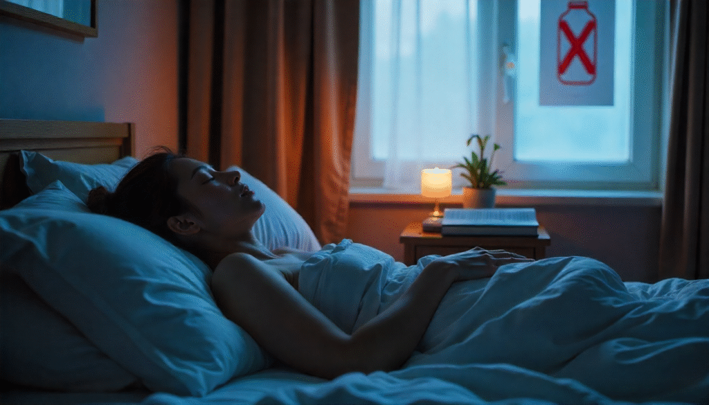 Peaceful sleep scene with subtle imagery rejecting substance use, highlighting sleep’s role in recovery. substance avoidance in lifestyle medicine