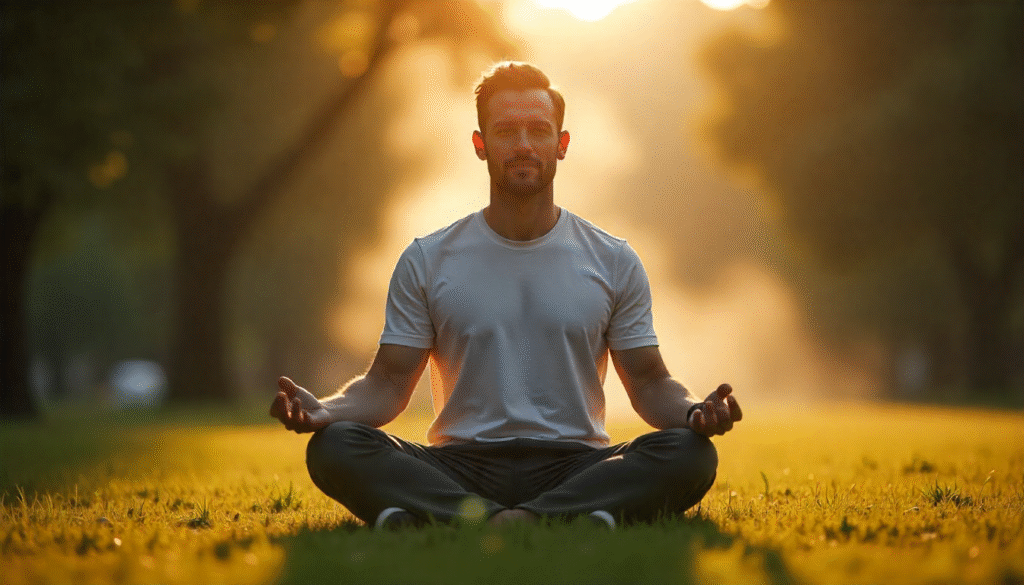 Man meditating with fading symbols of drugs in the background, illustrating stress control in recovery and substance avoidance in lifestyle medicine