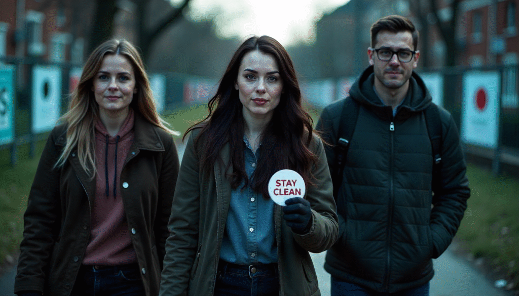 Support group walking together, leaving behind substance use, symbolizing social support in addiction recovery and substance avoidance in lifestyle medicine