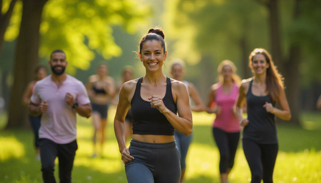Group of men and women exercising outdoors, with symbolic rejection of alcohol and drugs in the background. substance avoidance in lifestyle medicine