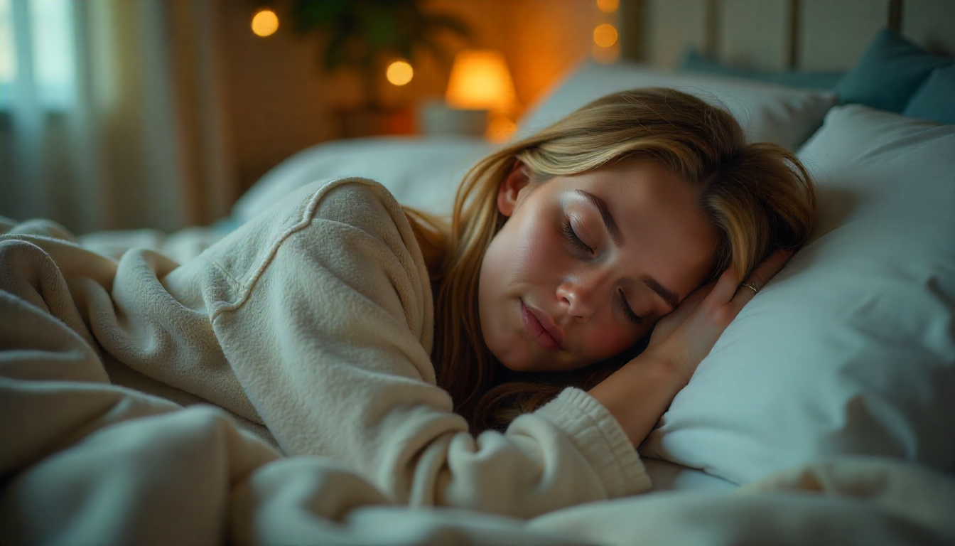 woman fall asleep fast peacefully in a cozy bedroom with soft lighting with wiserhealth