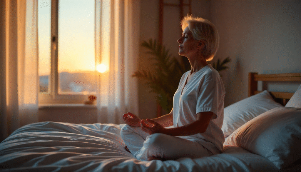 woman practicing 4-7-8 breathing technique to fall asleep fast and learning with WiserHealth