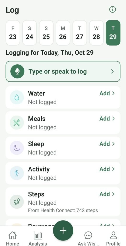 Wiser Health app daily Log screen for water, meals, sleep and activity