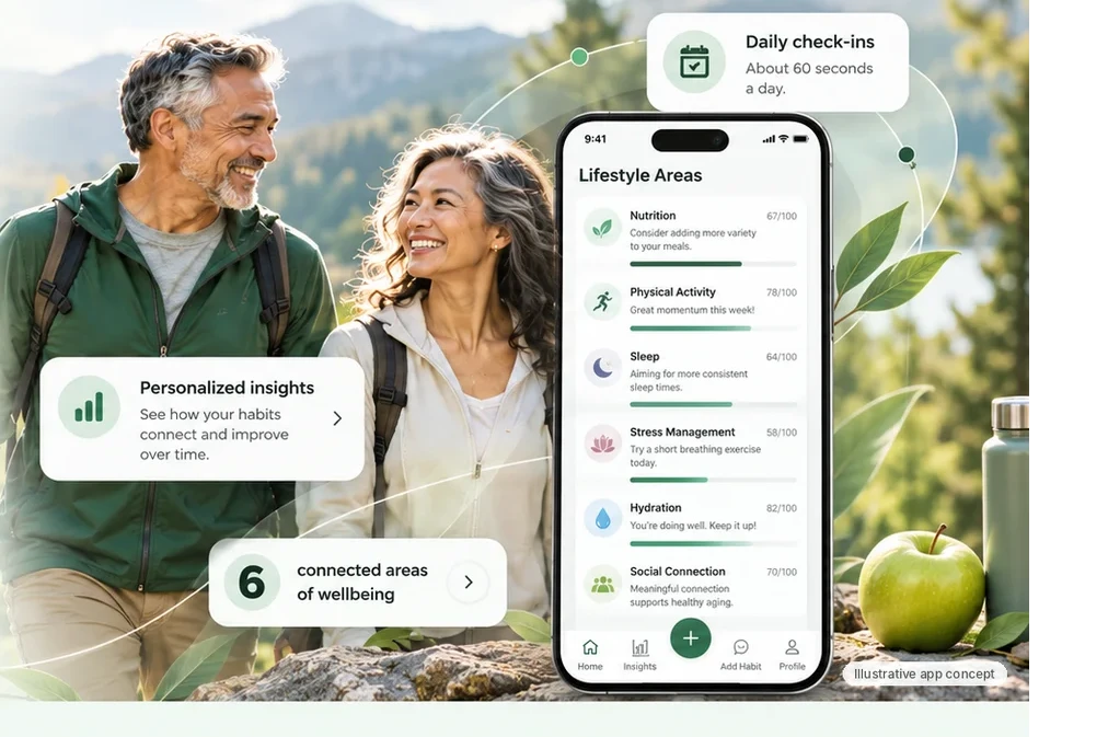Smiling midlife couple hiking outdoors beside an illustrative Wiser Health app concept showing lifestyle areas